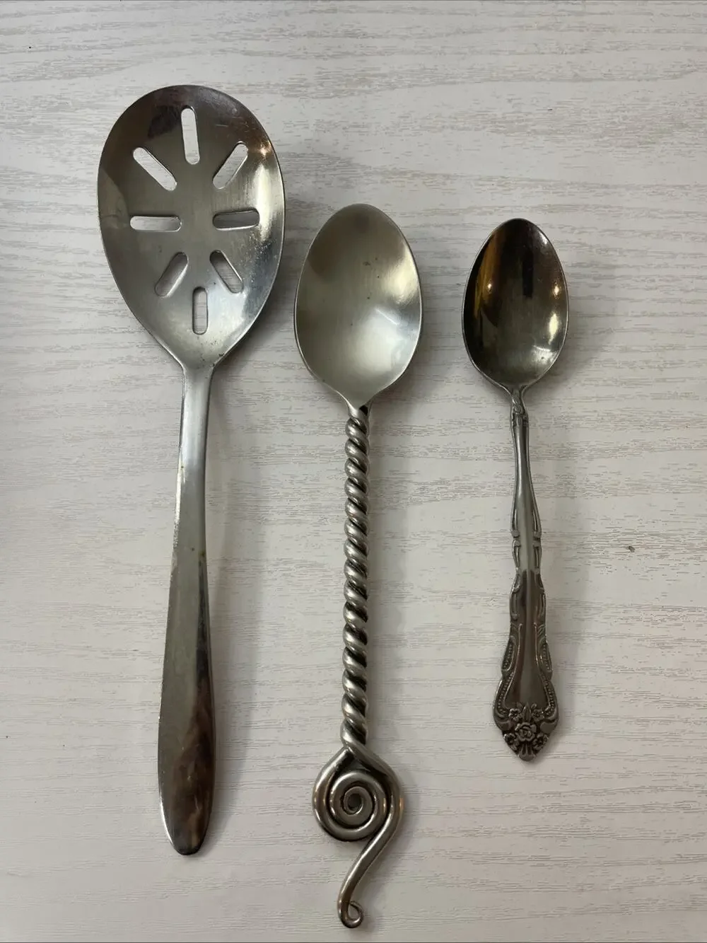 Vintage Mixed Stainless Steel Spoons Lot 3 Sears Gentle Rose Spiral Slotted Vtg